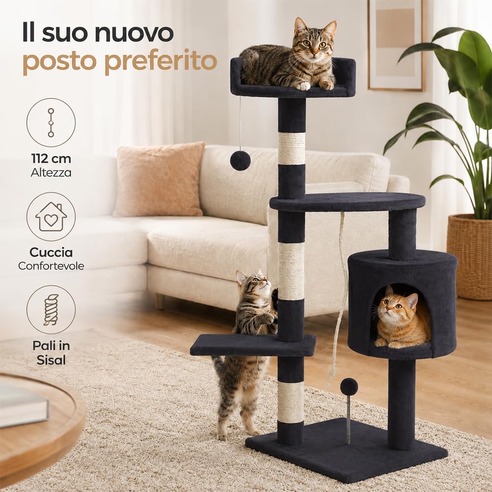 Bakaji Árbol Rascador Sisal para Gatos con Nidos y Plataformas Bolas de Juego Dimensiones 112 x 67 x 55 cm Color Gris