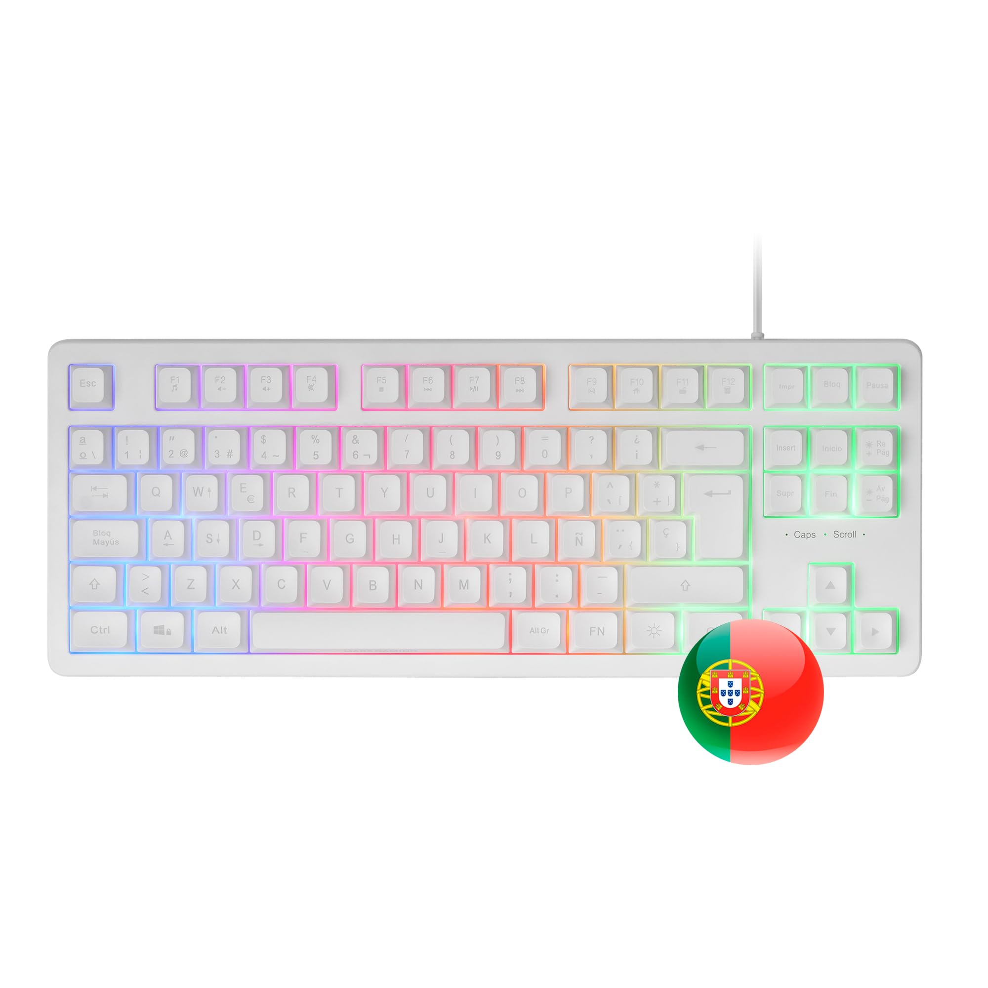 Mars Gaming MK023, Idioma Portugués, Teclado Gaming TKL, Tecnología Híbrida H-​Mech, Iluminación FRGB Rainbow, Anti-​ghosting, Compatibilidad Universal, Blanco