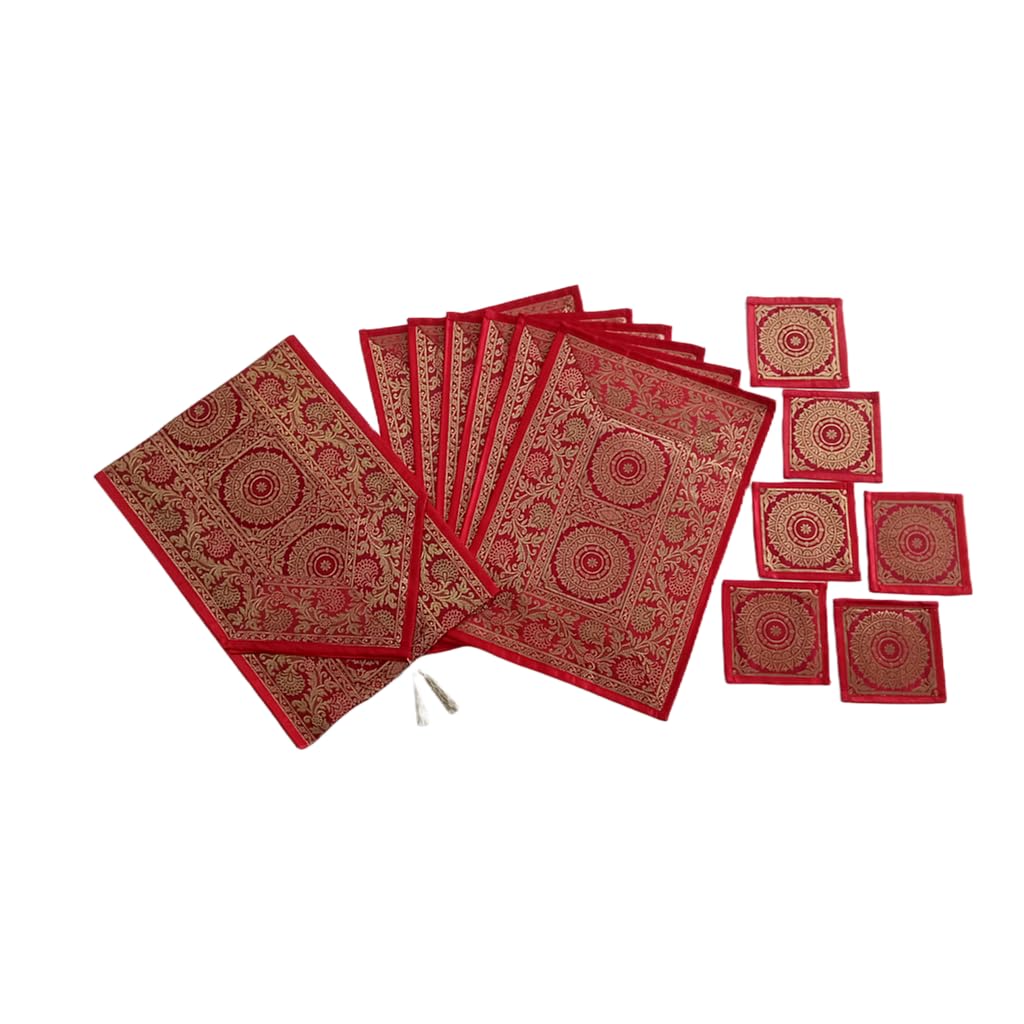 Colovila Dining Table Placemats Set of 13 Pieces, Ethnic Brocade Silk with Golden Woven Work- (1 Table Runner, 6 Mats, 6 Coasters) (Red)