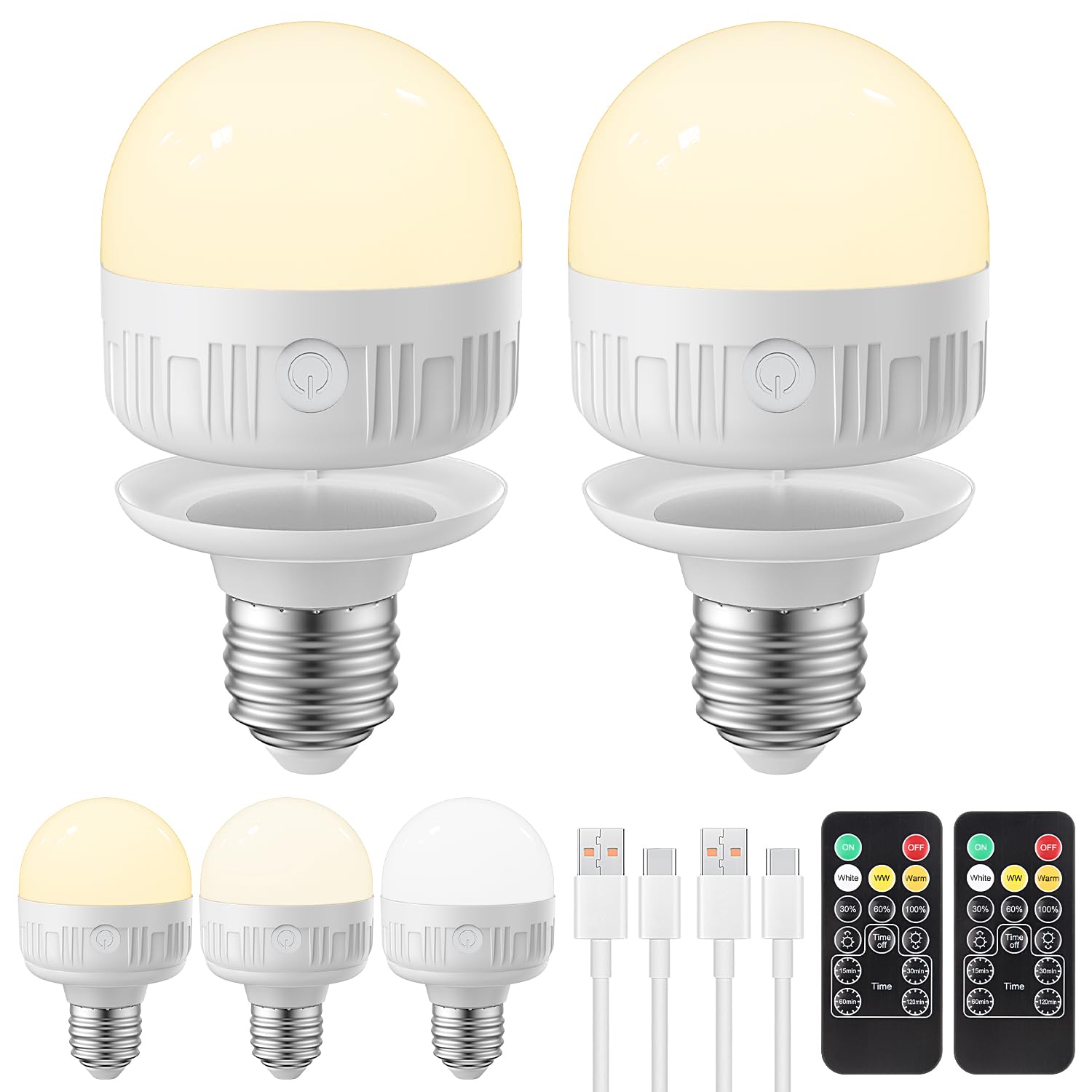LGMCF E27 Wiederaufladbare Glühbirne mit Fernbedienung, 8W Dimmbare Akku Glühbirne mit Timing-funktion, 3 Farben LED Glühbirne für nicht festverdrahtete Lampen, Notlicht Mit Magnetische, 2 Pack