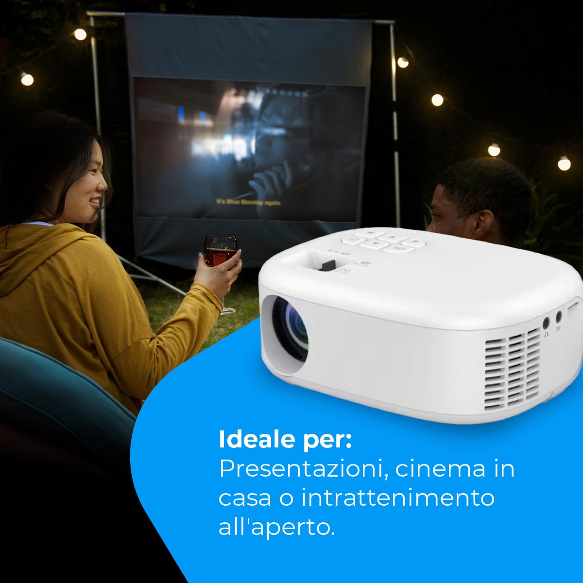 NK Mini proiettore portatile supporto 1080P e 6.500 lumen - Alta risoluzione LED, altoparlante integrato, ingresso USB, HDMI, AV, auricolare, dimensioni 30"-120", compatibile cellulare, tablet, PC,