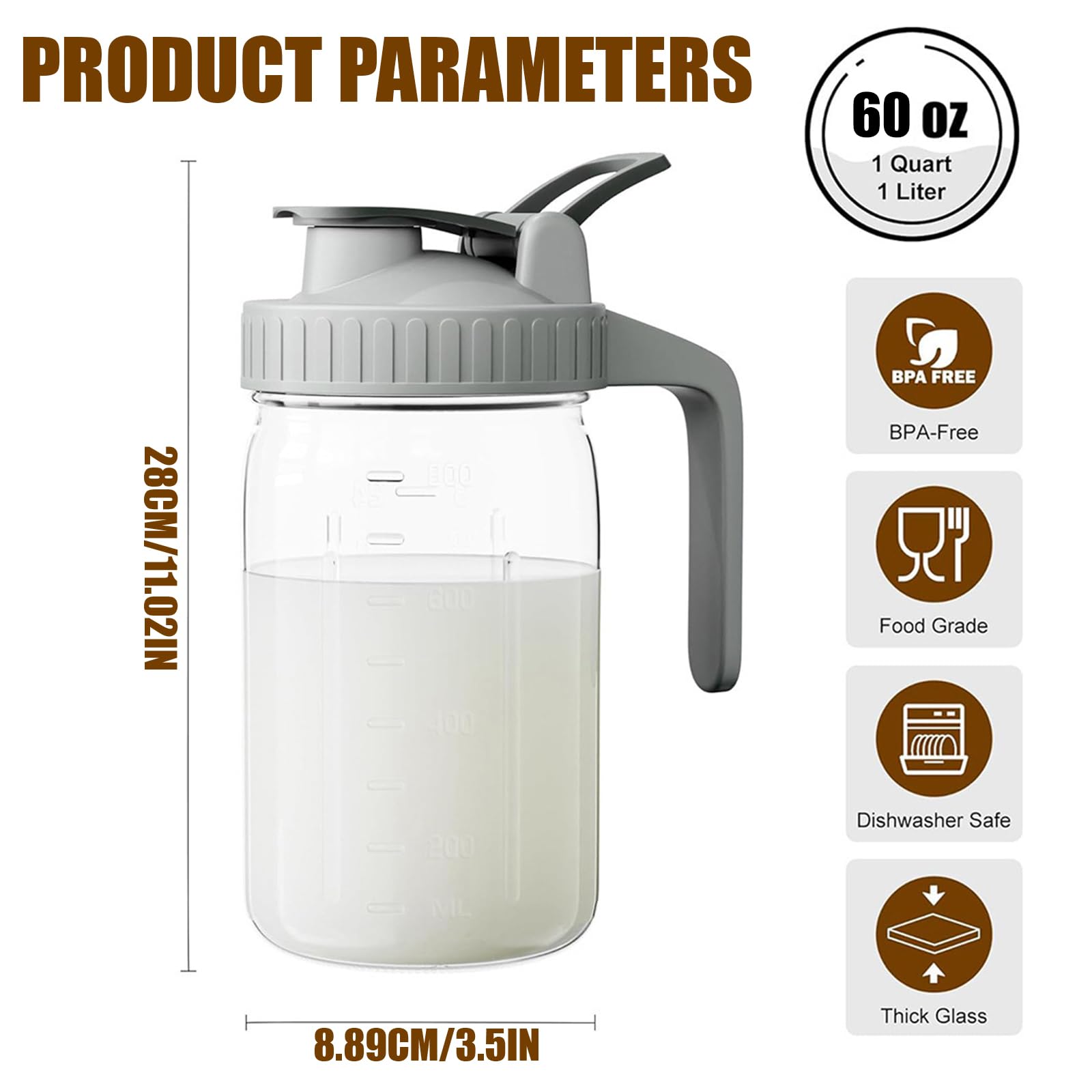 Jarra de agua de vidrio de 1701 g con tapa de bisagra y filtro de café para té y bebida fría