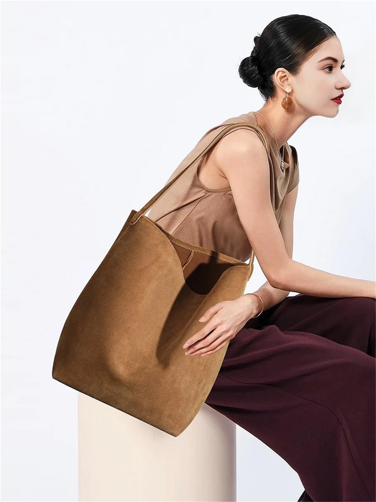 Borsa a tracolla da pendolare in pelle scamosciata donna a secchiello in di grande capacità(Caramel,34-16-24cm)