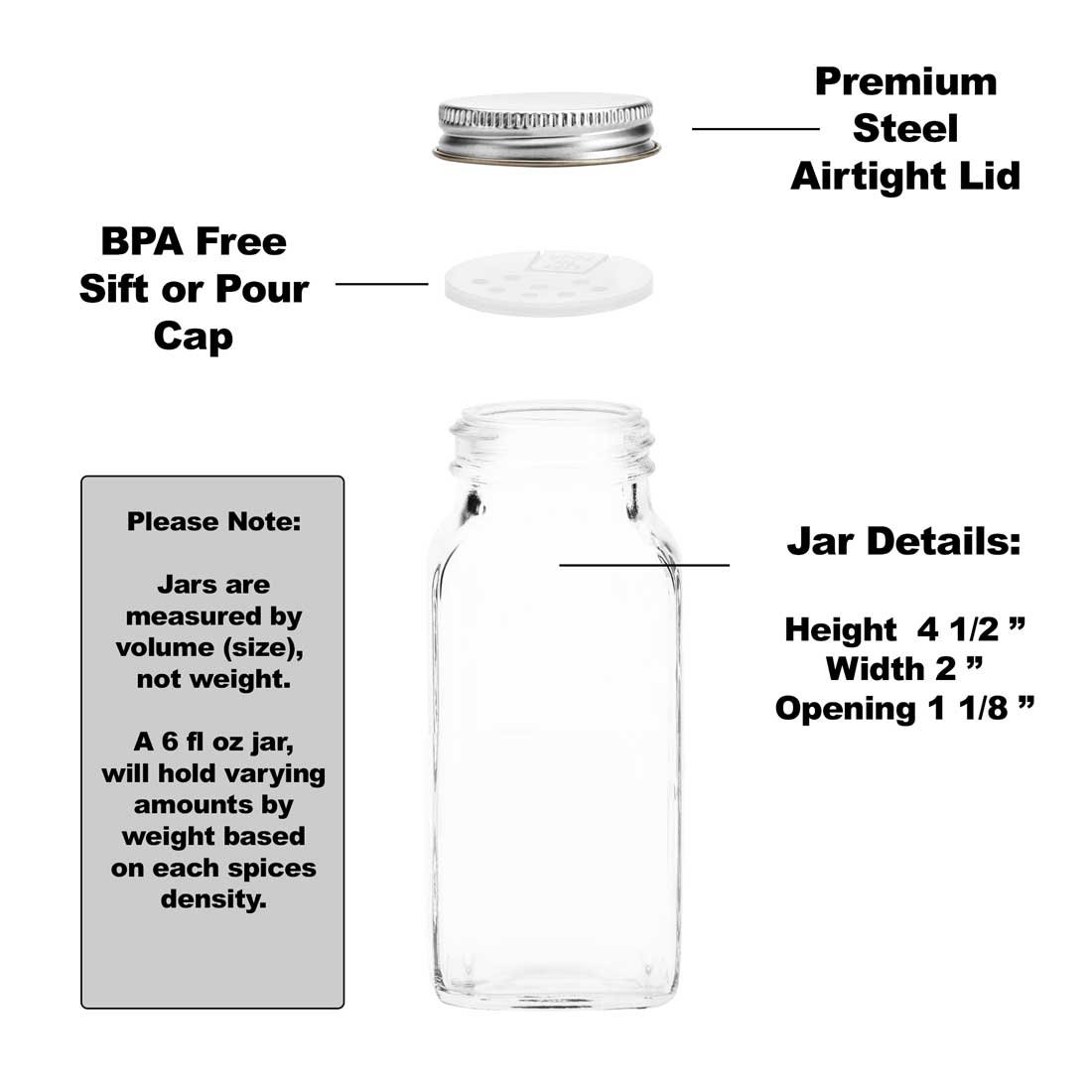 Deluxe Large Spice Jar Set 12 Square Glass 6 oz Spice Bottles, 72