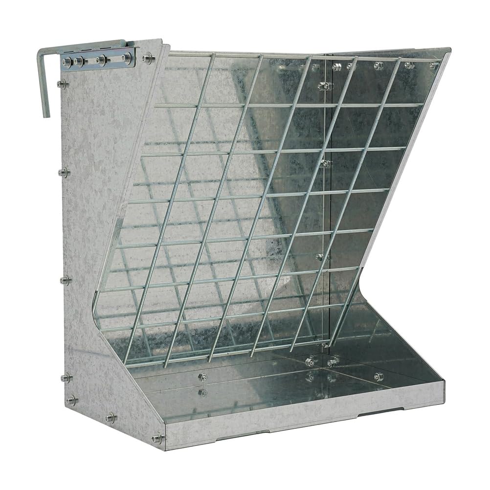 PEIKVOUL Large 2-in-1 Hay Feeder for Sheep and Goats, Q235 Steel Hay Rack with Feed Trough, Hay Saver Grid, Metal Livestock Feeder for Barn, Stable and Small Farm, Silver