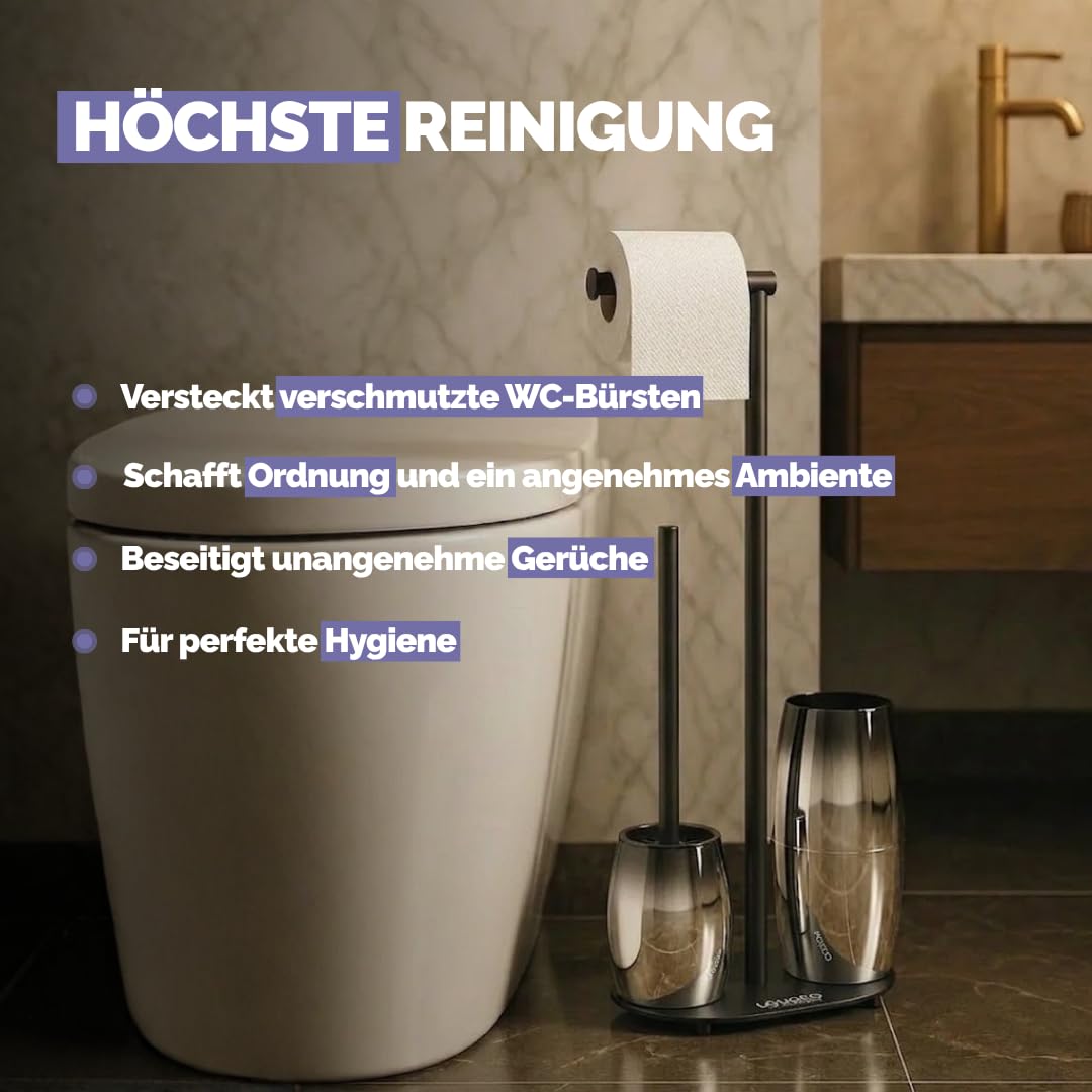 WC-Bürste mit Toilettenpapierhalter 3-in-1 – Chrom – Includes 14 Scent Tablets – Anti-Splash Design – Self-Cleaning – Freestanding Stainless Steel Toilet Paper Holder (Silberoptik)
