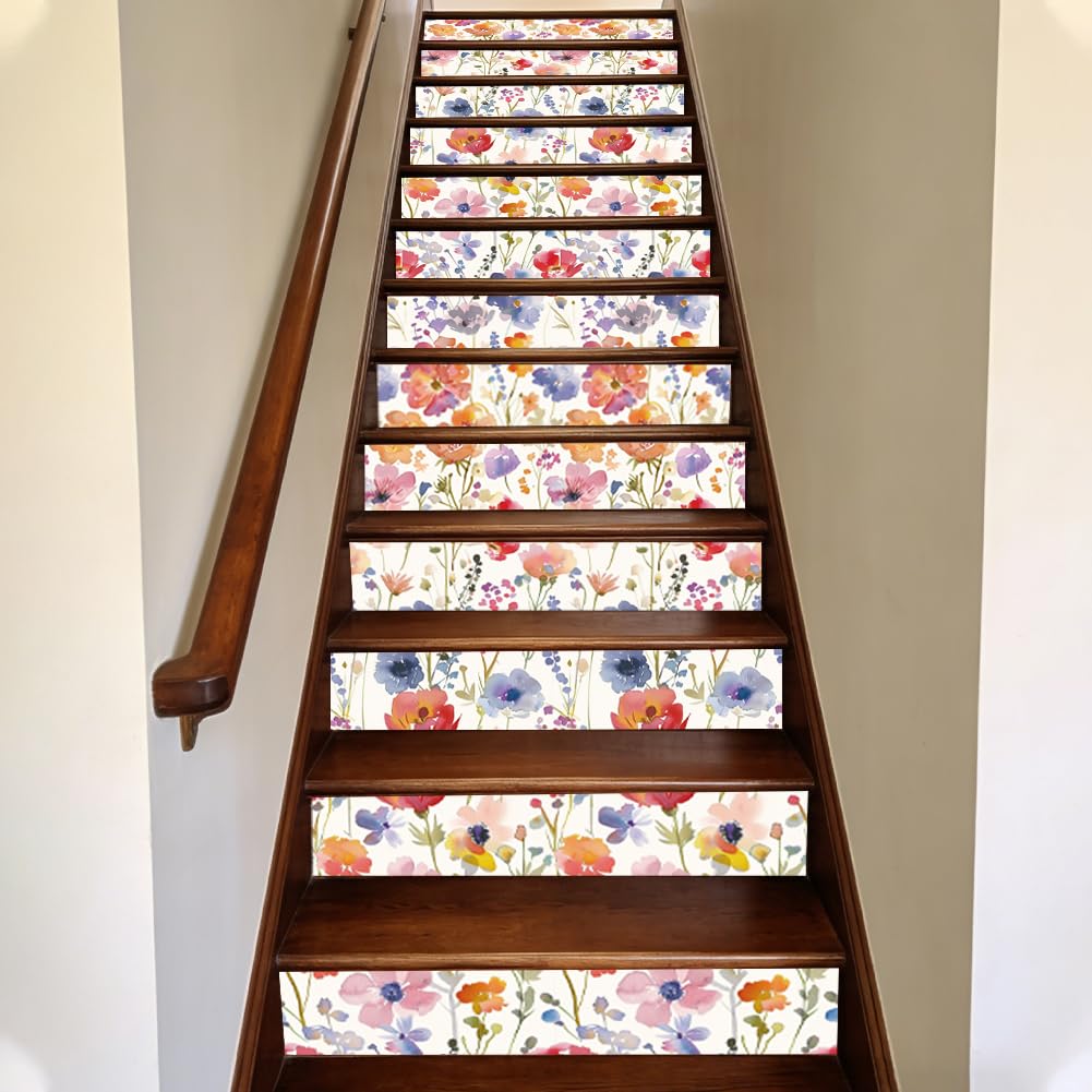 Photo 1 of Hobbspring 15Pcs Wild Flowers Staircase Stickers Bright Colors Smooth Stair Riser Decals 39.3" W x 7.08" H Water Proof PVC Staircase Decor for Steps Garden Farmhouse Kitchen Library Bedroom Decor