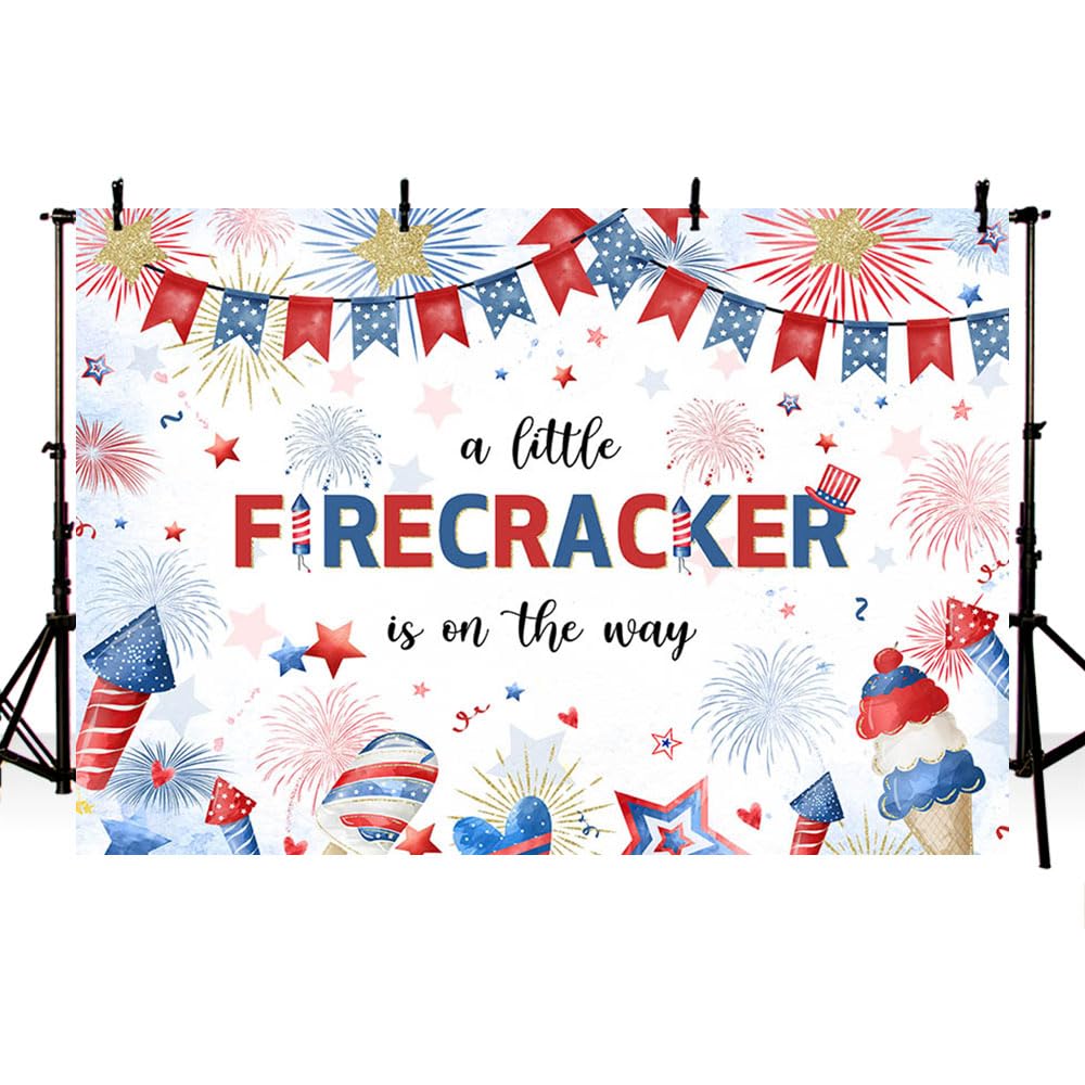 MEHOFOND Red White and Blue Glitter A Little Firecracker is On The Way Banner, Little Firecracker Baby Shower Decorations for 4th of July Baby Shower Party Backdrop 7x5ft