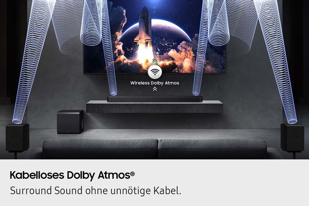 SAMSUNG HW-Q935GF Q-Series 9.1.4-Kanal-Soundbar für Fernseher, Kabelloser 6,5"-Subwoofer, 2.0.2-Kanal-Rücklautsprecher, Kabelloses Dolby Atmos und DTS:X, SpaceFit Sound Pro, Q-Symphony