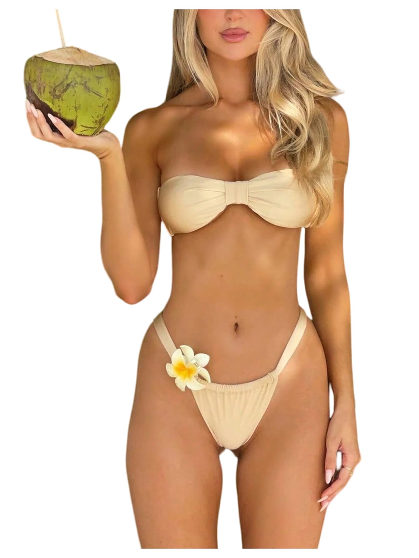 Damskie Dwuczęściowe Bezczelne Zestawy Bikini Bez Ramiączek Głęboko Wycięte Stringi Stringi Stroje Kąpielowe Stroje Kąpielowe Apricot Small