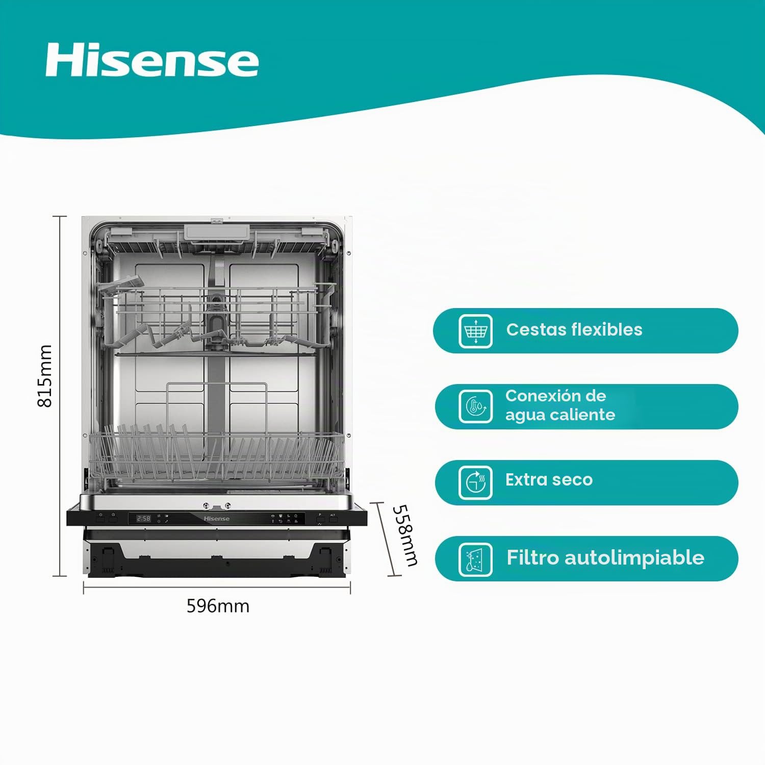 Hisense HV603D40 - Lavavajillas, Completamente integrado, 60 cm, 14 medidas para cubiertos, Protección completa contra desbordamiento