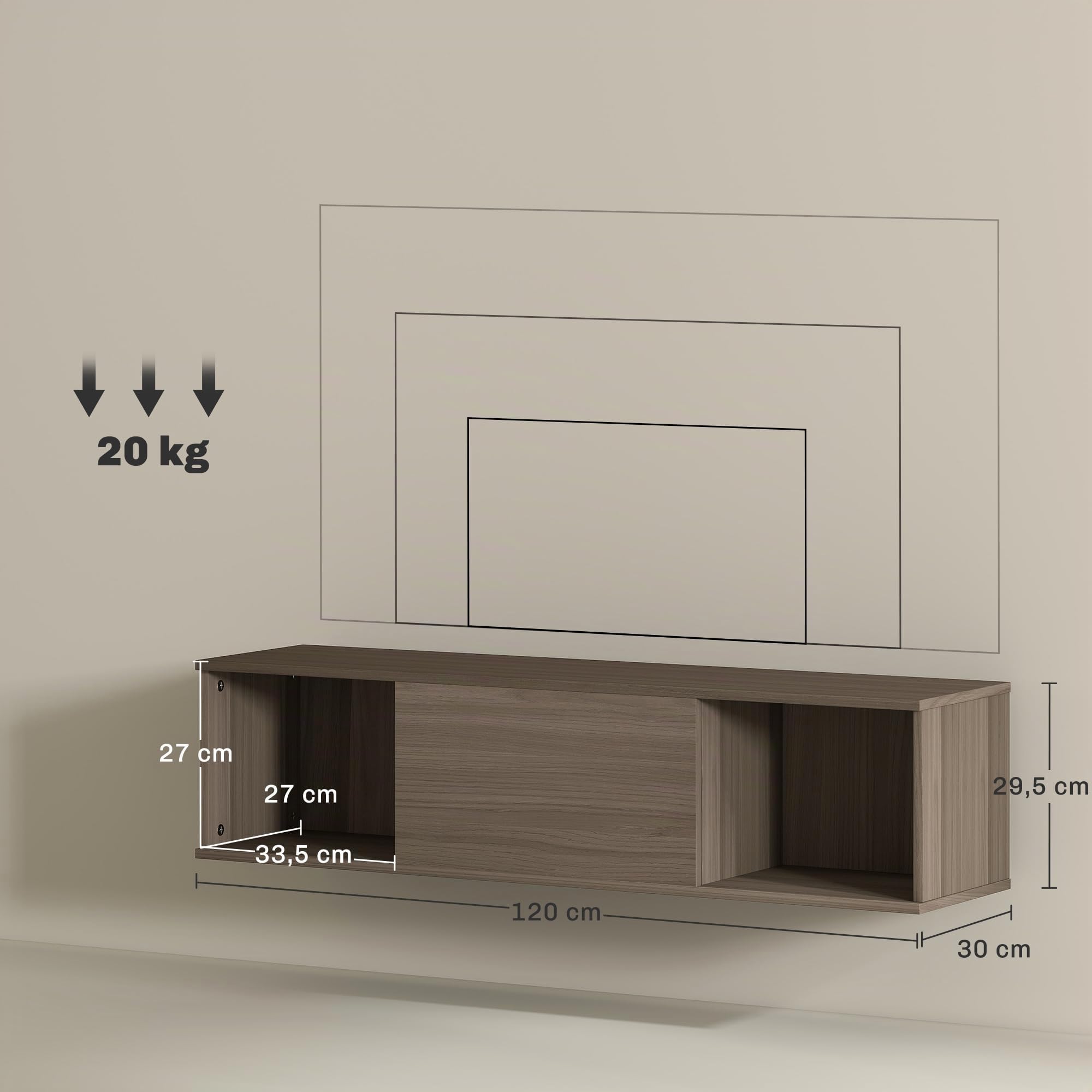 HOMCOM Armario de Pared 2 Compartimentos Mueble TV 120x30x29,5 cm Marrón | Abiertos, Puerta Abatible, Armario de Almacenaje Colgante, Salón Cocina Baño