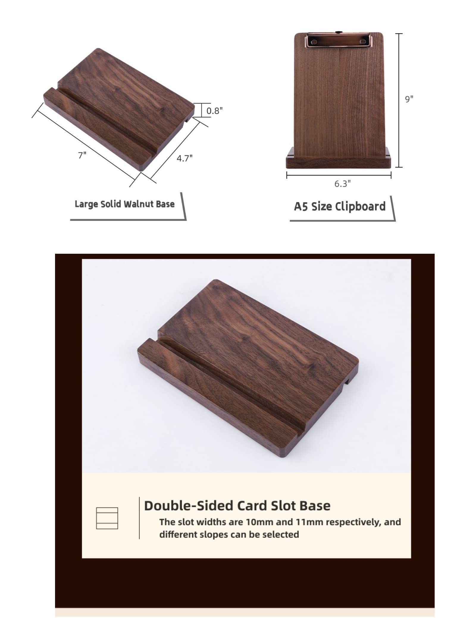 Portapapeles A5, portapapeles de madera de nogal con base ajustable y agujero oculto para colgar, portapapeles de madera A5, perfecto como soporte de exhibición y soporte para recibos