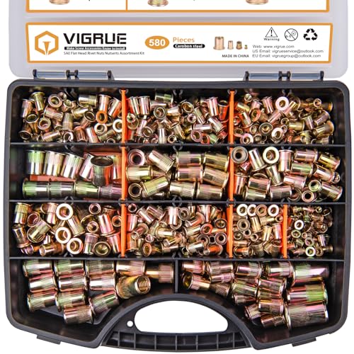 VIGRUE 580PCS SAE & Metric Rivet Nuts Kit with Portable Case, #6-32#8-32#10-24 1/4'-20 5/16'-18 3/8'-16 M3 M4 M5 M6 M8 M10 M12 Nutserts Rivnuts Assortment Kit Insert Nuts Assort