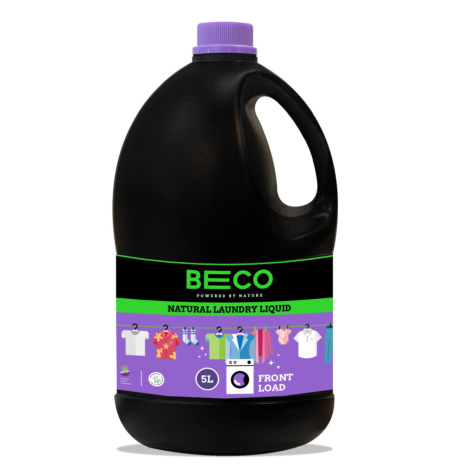 Beco Natural Liquid Detergent Front Load - 5L Bottle| Tough Stain Removal | Lavender & Vanilla Freshness | Retains Brightness & Shine | Chemical Free | Front Load Washing Machine Liquid