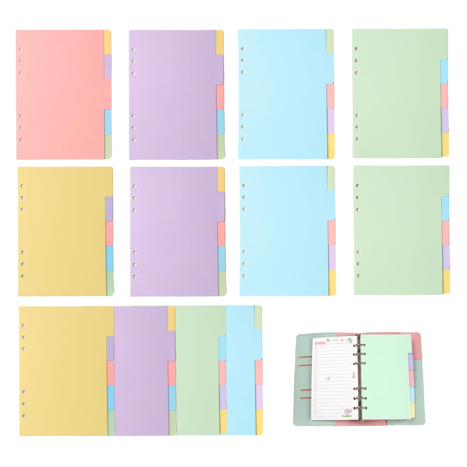 A5 6-Hole Ring Binder Dividers 60 Sheets Pastel Index Tabs for A5 Binder