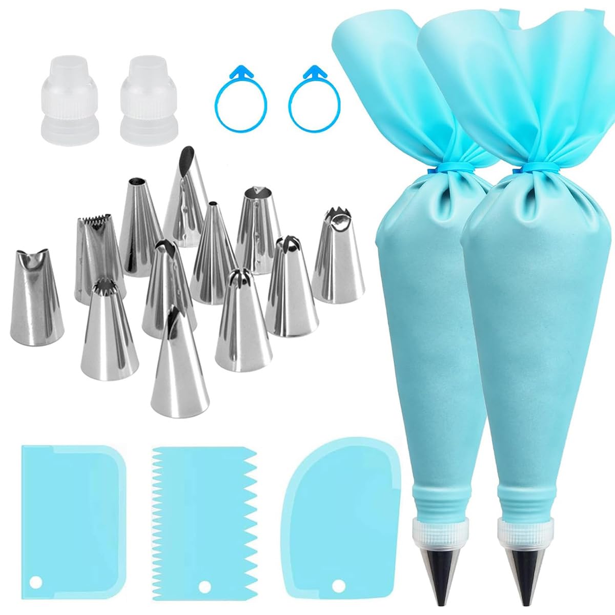 preptep piping bags and tips set, reusable cake decorating supplies with 2 reusable bags, 12 icing tips, 2 silicone rings, 2 couplers and 3 scrapers, cake baking tools for cookie icing cupcakes
