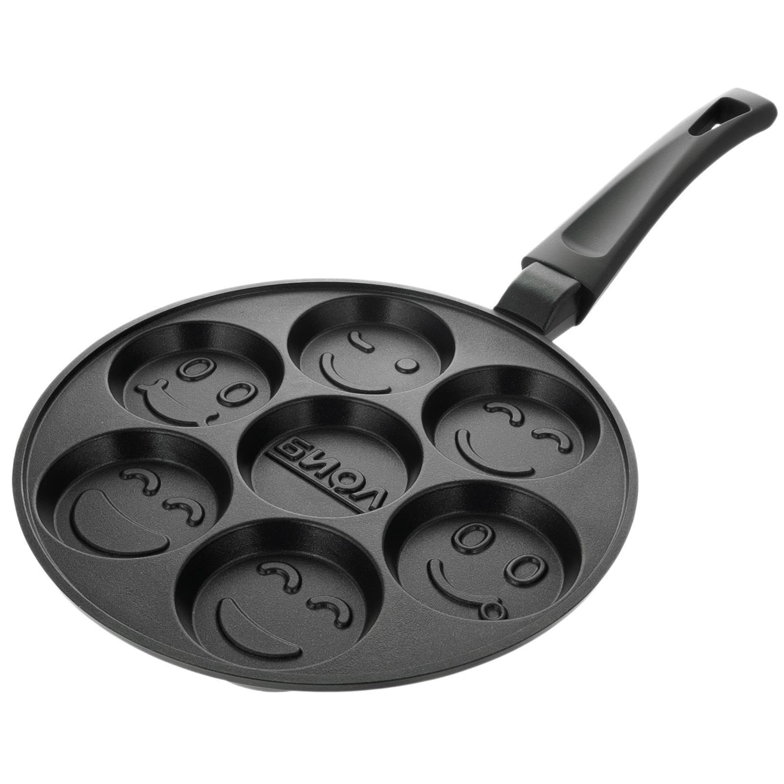 Pancakes - Sartén para horno (diámetro de 26 cm, revestimiento para los ojos, inducción, freír, 7 agujeros, diseño de Smiley, tortitas de aluminio fundido, sartén para huevos, tortitas, huevos fritos