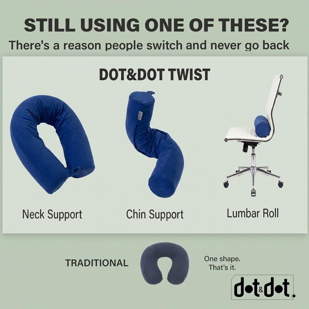 Dot&Dot Twist Memory Foam Reisekissen für Flugzeuge - Reise-Nackenkissen zum Schlafen - Flugzeugkissen für Nackenstütze, Kinn, Lendenwirbelsäule und Bein - Verstellbares, biegbares Nackenrollenkissen
