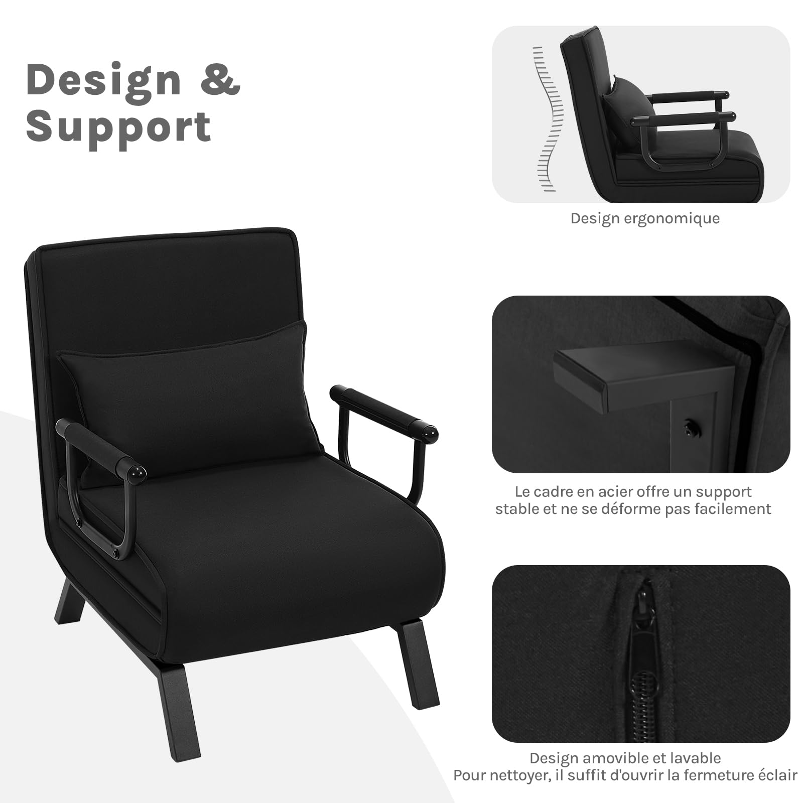 WOLTU Fauteuil Lit 1 Place Convertible, Canapé Lit Convertible 3 en 1, avec Dossier Réglable en 5 Positions, Fauteuil Salon, Oreiller Amovible, Siège Rembourré, 65x75x78cm, Noir