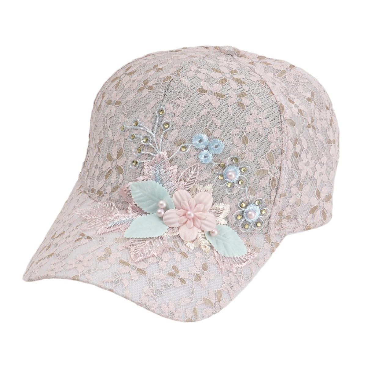 Casquette de baseball rose brodée fleurie en dentelle pour femme
