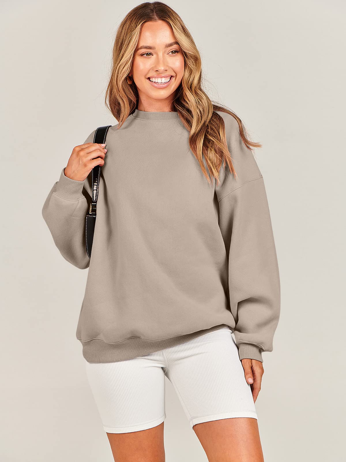 Damskie bluzy oversize bluzy z kapturem polar okrągły dekolt sweter top codzienne jesienne stroje preppy ubrania nastolatki 2024 A1019 światło, Jeden kolor, Light Brown_L