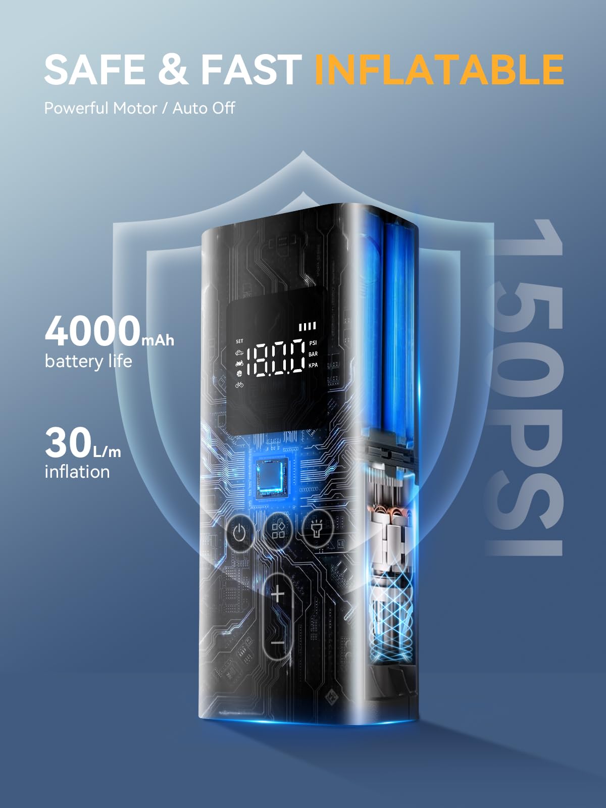 AIRSURE Tire Inflator Portable Air Compressor 150 PSI Fast Inflation Cordless Air Pump with LED Light Auto Shut-Off — view 3