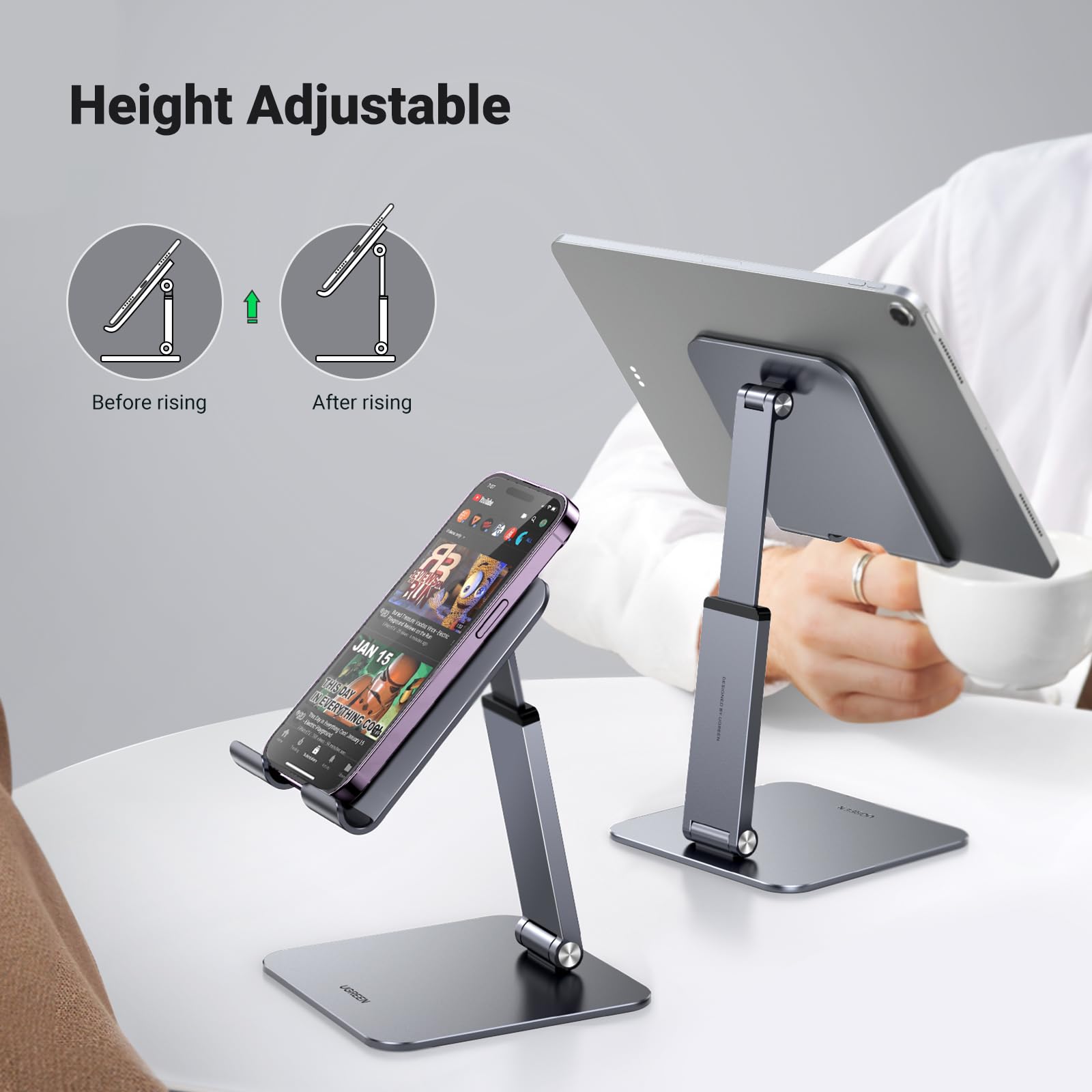 UGREEN Tablet Stand Holder for Desk Height Adjustable Aluminum Foldable Desktop Tablet Holder Wide Base Dock Multi-Angle Riser Compatible with 2024 iPad Pro 13 12.9, 11, 10.5 Air Mini 6 5, Grey
