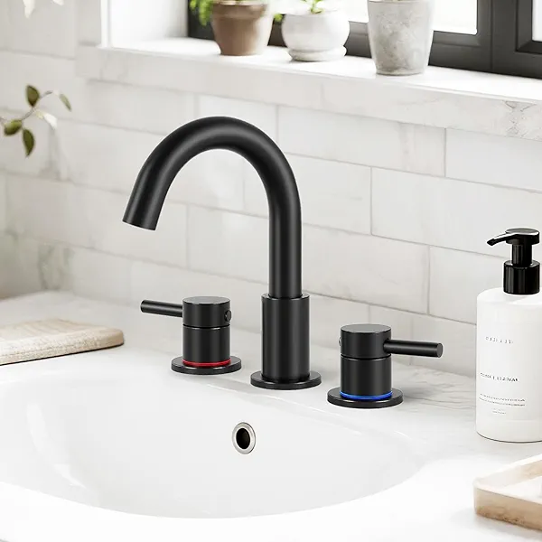 RNDIOZD Matte Black Bathroom Faucet 3 Hole, Stainless Steel 2 Handle Bathroom Sink Faucet Vanity with 360°Swivel Spout, 8 Inch Widespread Bathroom Faucet for Sink Vanity with Pop-up Drain Supply Line