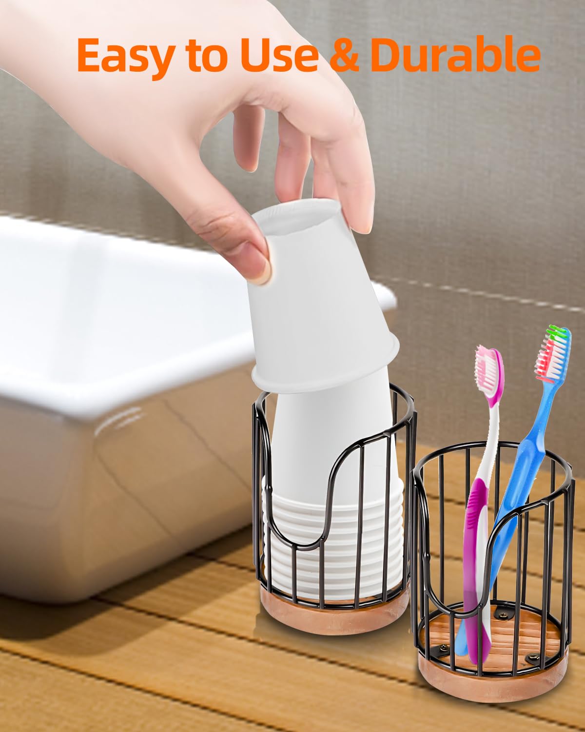 Tanggiteck 2-Pack Bathroom Cup Dispenser - Rural Style Iron & Wood Holder For 3oz Mouthwash Cups - View #4