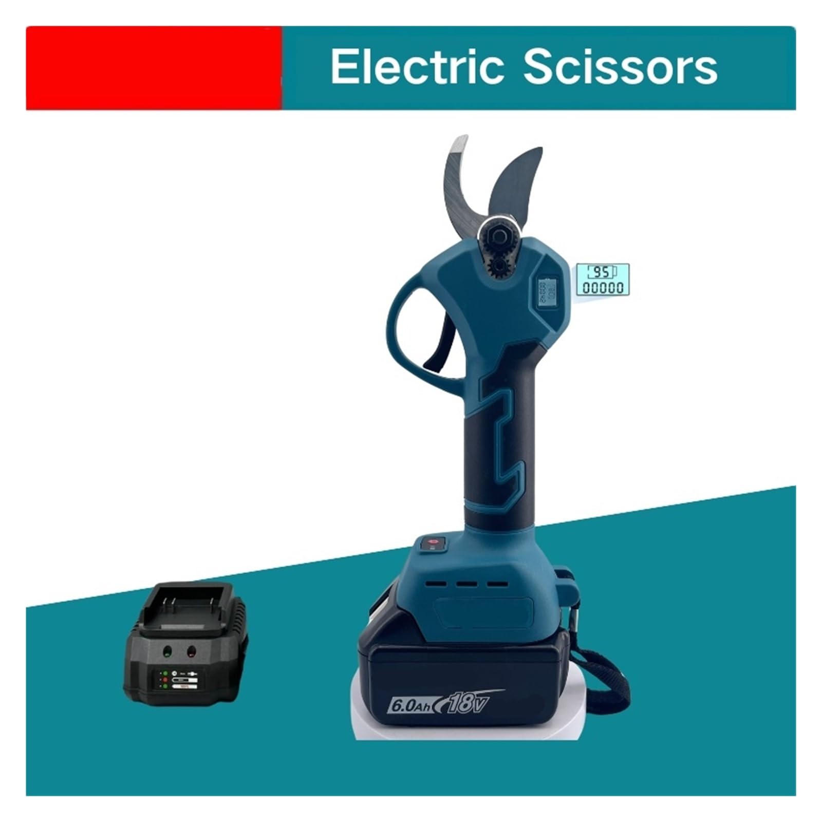 Tijeras de podar eléctricas con pantalla LED sin escobillas, cortador poda, herramienta profesional jardín en maceta for árboles frutales, batería 18V(1battery 1charge)