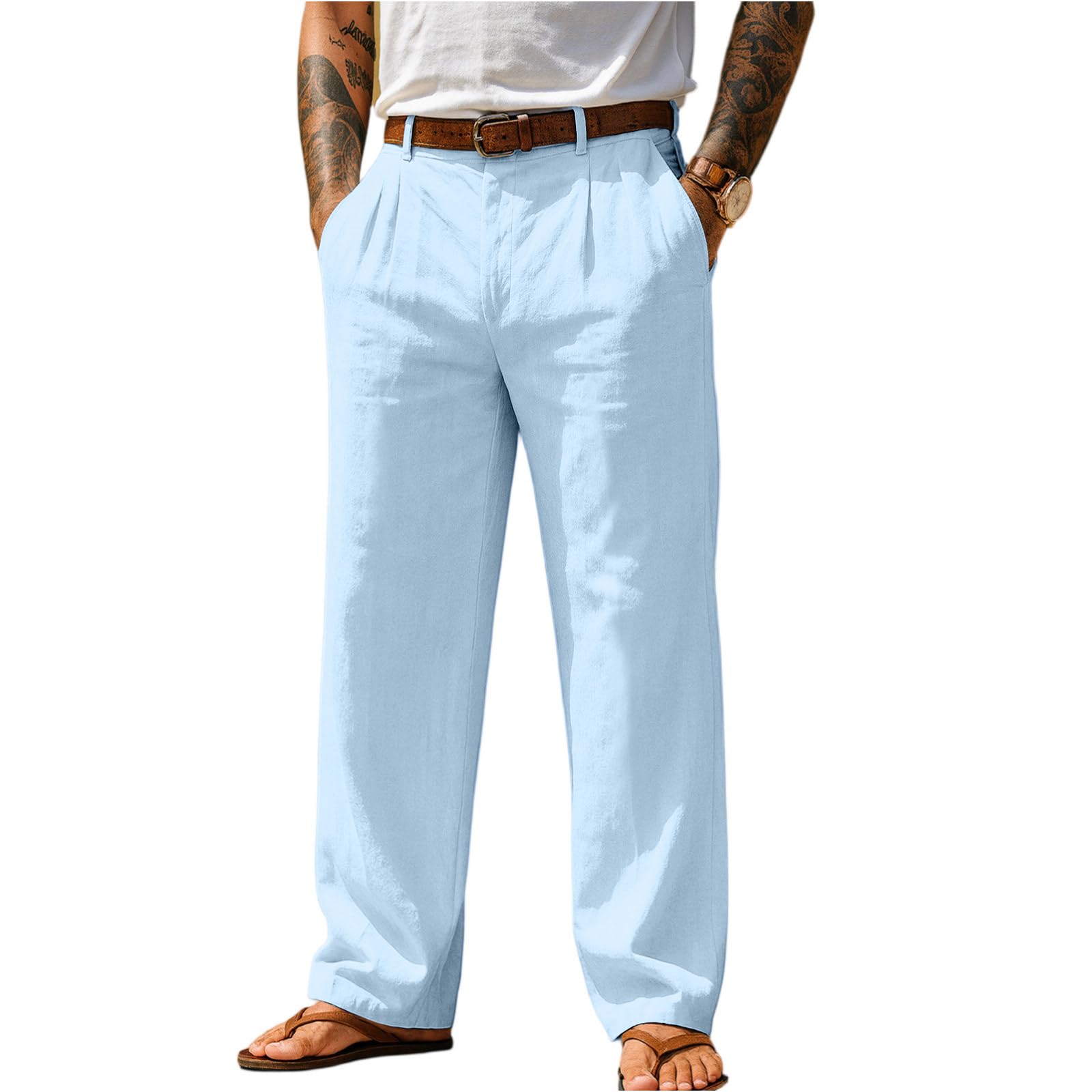 Mens Linen Dress Pants Relaxed Fit Lightweight Yoga Pants with Pockets Straight Leg Pleated Trousers Linen Beach Pant