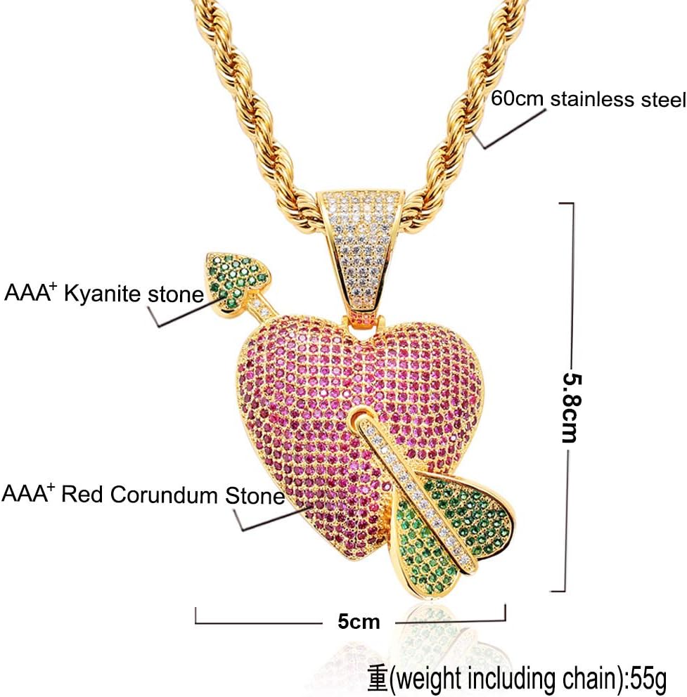 LC8 Jewelry Unisex Exquisite Bubble Arrow of Cupid Heart Pendant Hip Hop Iced Out Rhinestone Crystal Necklace 18K Gold Plated with 24” Stainless Rope Chain for Men Women