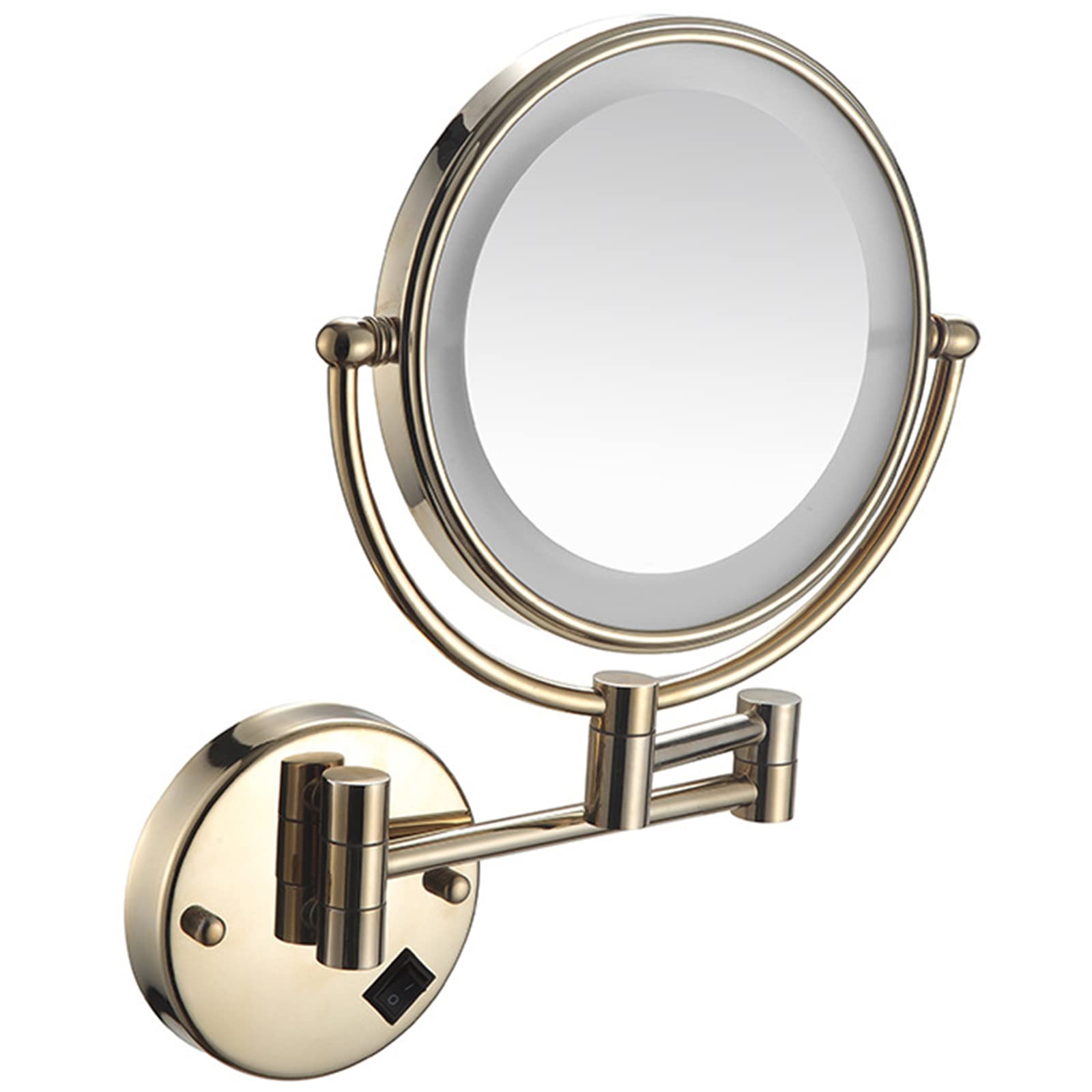SXFSDOU 8-Inch Brass Wall Mounted LED Makeup Mirror, Dual-Sided 5X Magnifying Vanity Mirror with Hardwired Switch, Adjustable Swivel Shaving for Bathroom, Gold Finish
