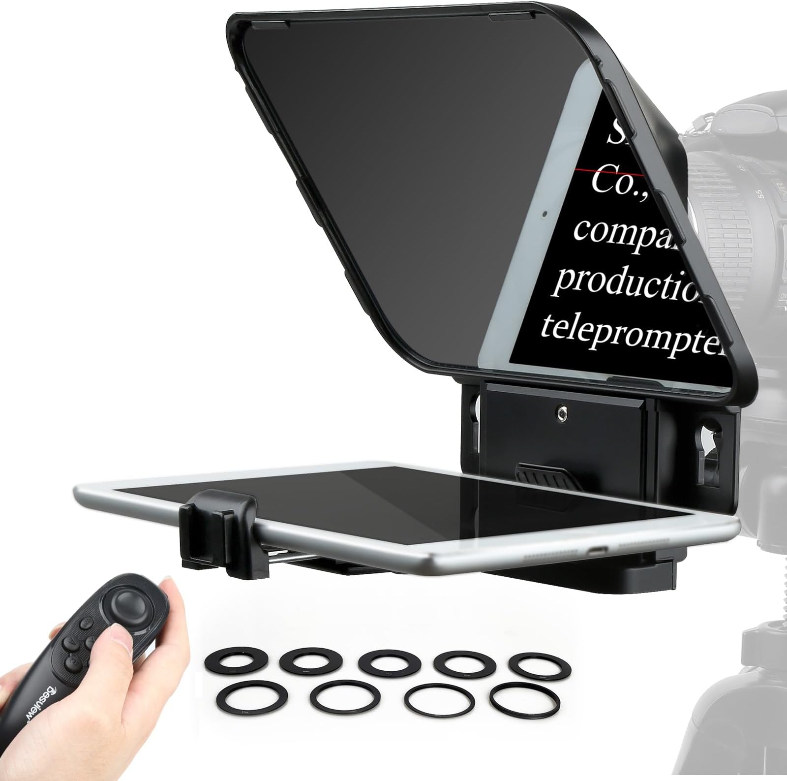 T3 Portable Teleprompter for iPad Tablet iPhone up to 11 inch, High Definition 70/30 Beam Splitter Glass with Remote Control for DSLR Camera Smartphone Video Recording (9 Lens Adapter Ring)
