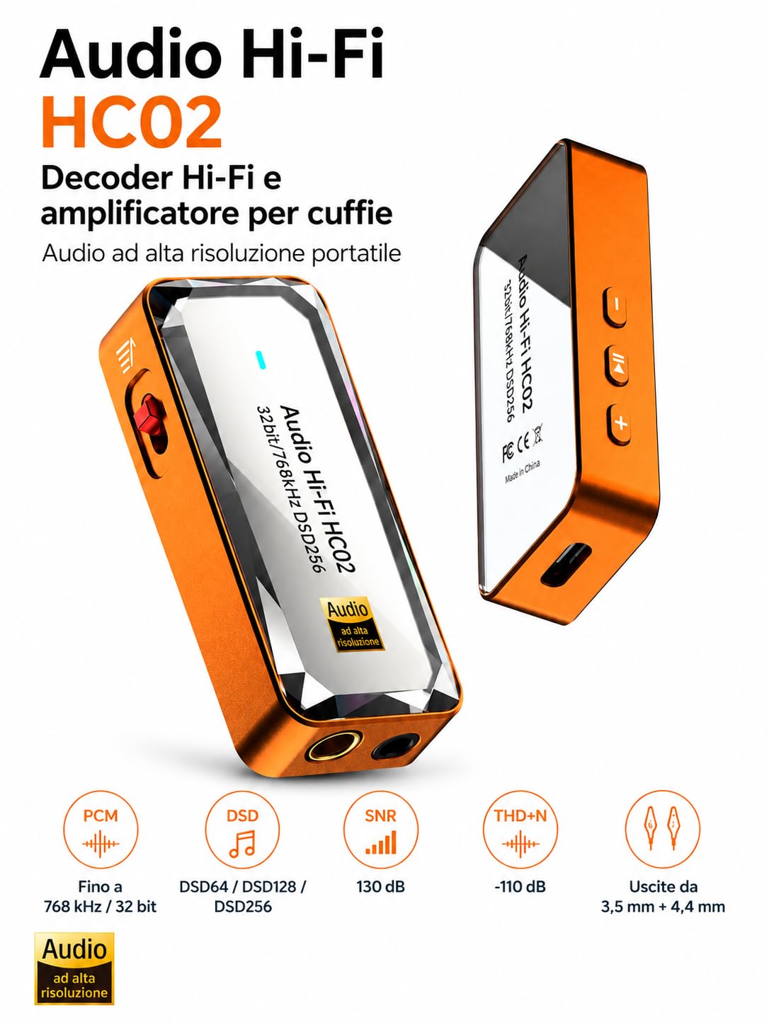 DAC USB C Amplificatore per Cuffie, Dongle DAC Portatile CS43198, Jack 3,5 mm e 4,4 mm, Hi-RES 32 bit/768 kHz, DSD256, Scheda Audio Esterna per IEM, Smartphone, Tablet e PC, Arancione