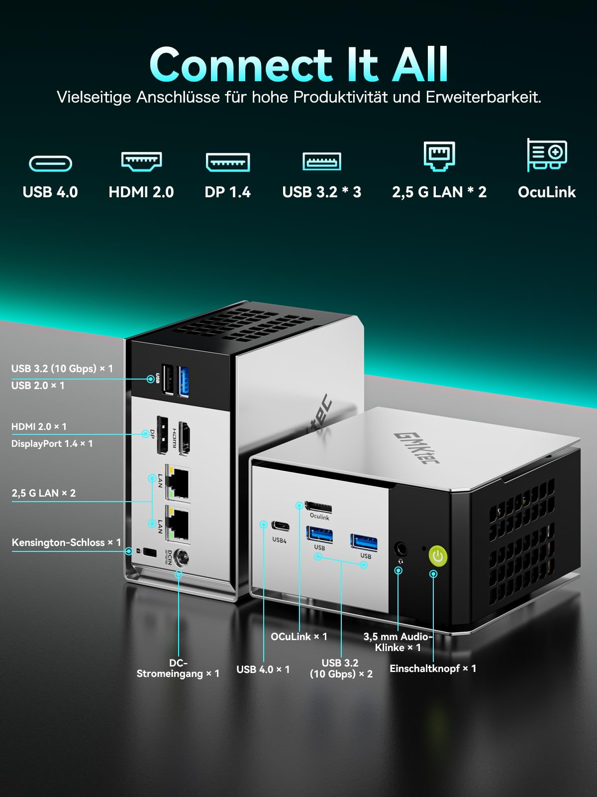 GMKtec Mini PC Ryzen 5 PRO 6650H (Besiege 7430U, 6C/12T 4,50 GHz), Dual 2.5GbE LAN, 16GB LPDDR5 RAM+512GB PCIe SSD, M8 Mini Desktop Computer, Oculink, USB4, HDMI, USB-C Mini-PC für Büro/Gaming/Zuhause
