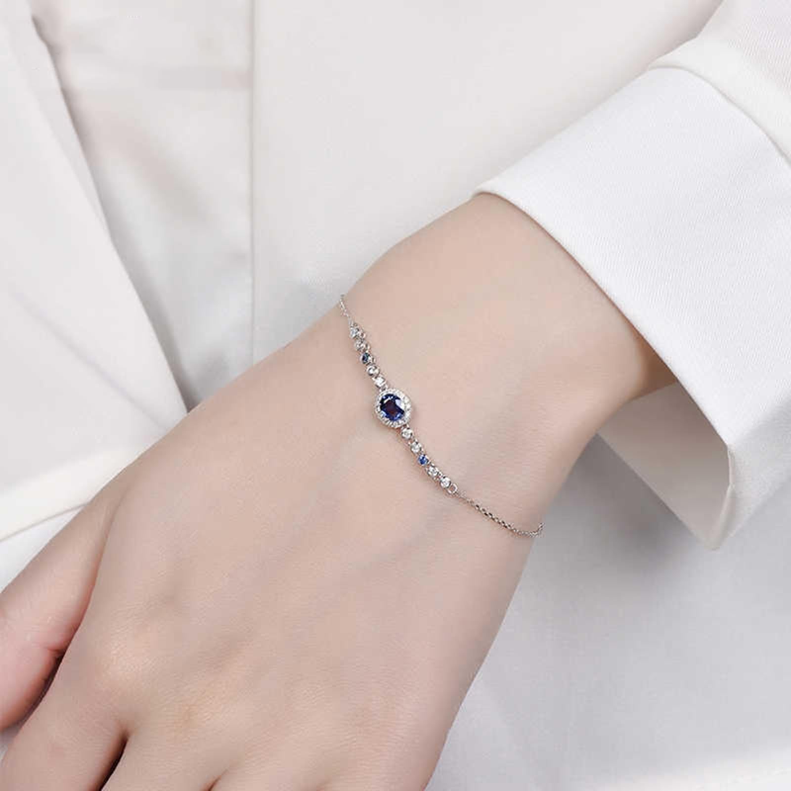 Pulsera para mujer de oro blanco auténtico de 9 K/14 K/18 K, azul de 0,44 quilates, zafiro clásico, corte ovalado, moissanita, pulsera para mujer, oro de 18/14/9 quilates