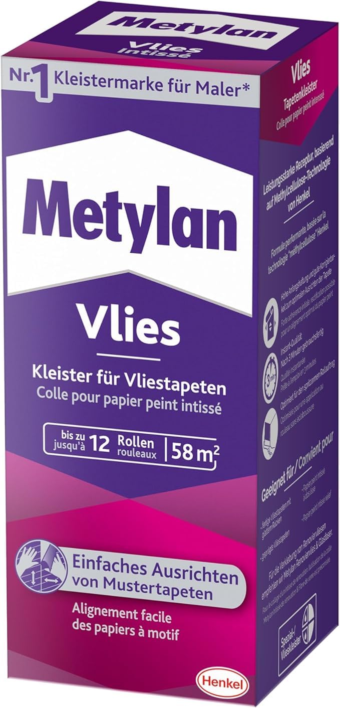 Metylan Vlies, Tapetenkleister für Vliestapeten mit glatter oder strukturierter Rückseite, einfach zu verwendender Tapetenkleister, Kleister mit hoher Ergiebigkeit, 3x360g