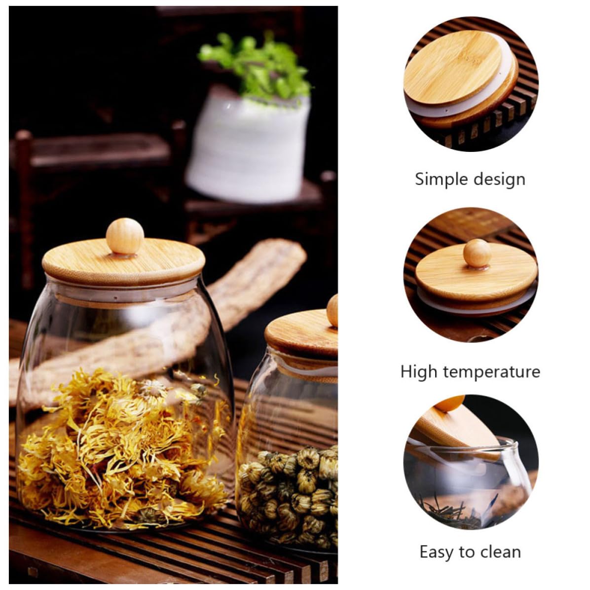 Zerodeko Tarros de Almacenamiento Herméticos de Vidrio y Madera con Tapa, 3 Piezas de Diferentes Tamaños, Diseño Simple para Conservar Alimentos Limpios y Secos en Cocina