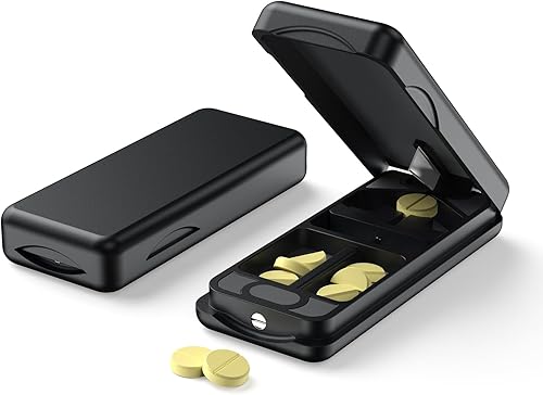 Cortador de píldoras con dispositivo de centrado automático, divisor de pastillas de aluminio con hoja de acero inoxidable 316L, funda de cuero