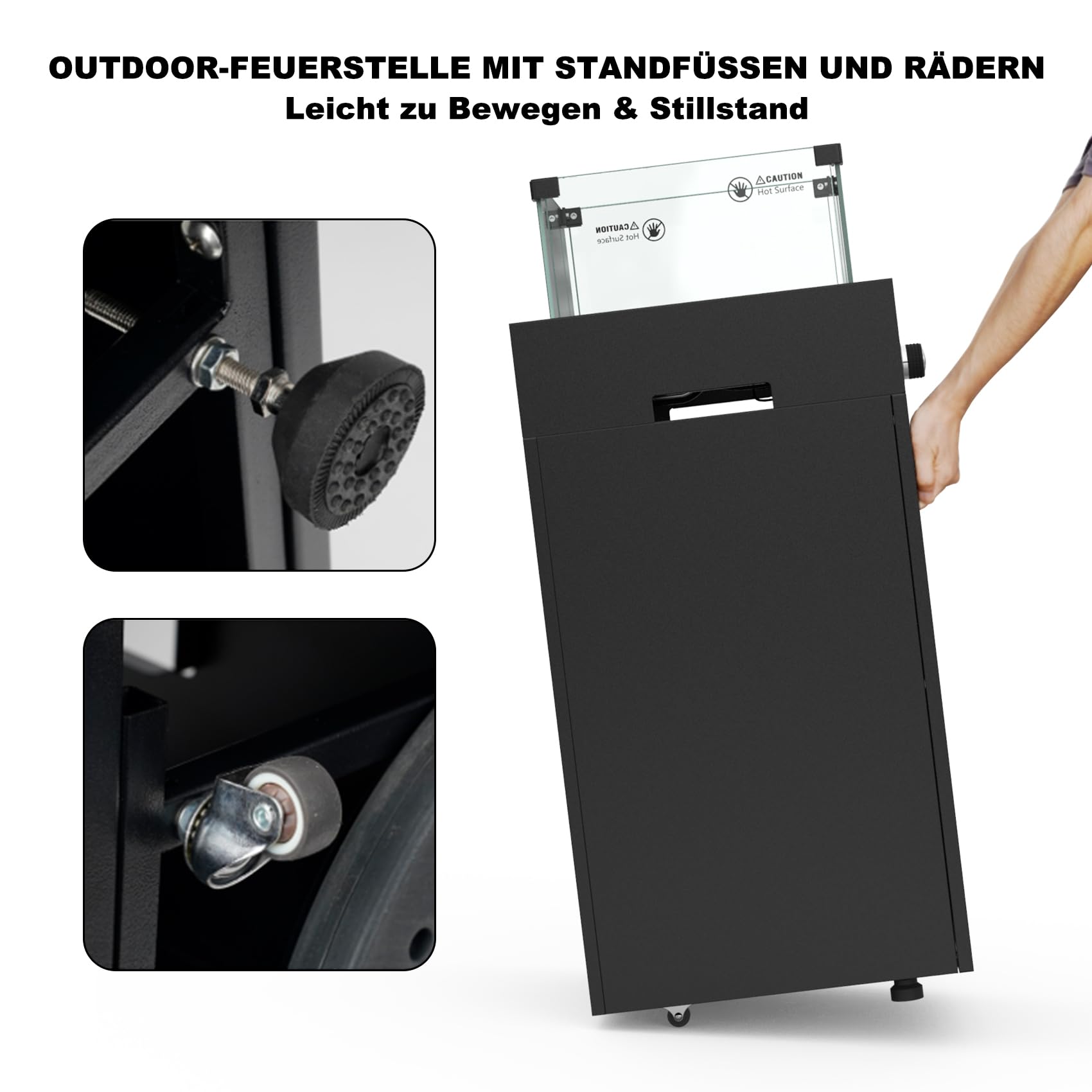 Onlyfire Abnehmbare Gas Feuerstelle, Quadratische Outdoor Gas Feuertisch mit Glaswindschutz, Rollen und Lavasteine, Terrassenfeuer mit Elektronische Zündung, 6,85KW, für Garten und Balkon, Schwarz