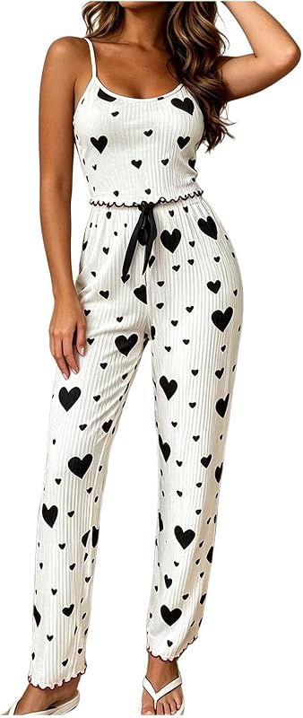 Lounge Sets for Womens Pajama Sets 2 Piece Cute Heart Print Slim Sleepwear Crop Cami Top and Ruffles Long Pant Set
