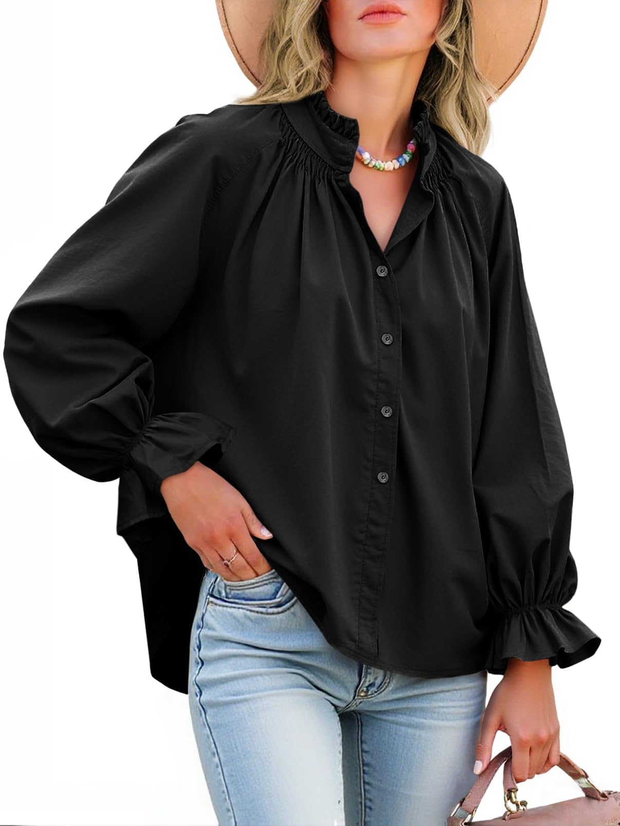 Cicy Bell Damen Boho Bluse V-Ausschnitt Langarmshirt mit Rüschen Elegant Top