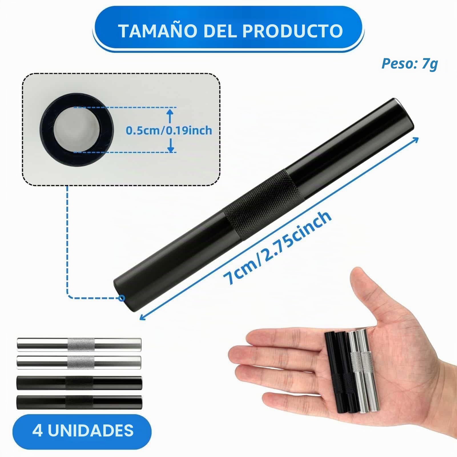 Juego de 4 pajitas de metal reutilizables de 7 cm, tubos de extracción de calidad prémium portátiles (2 negras y 2 plateadas)