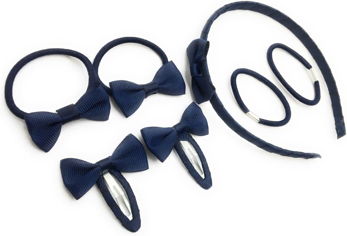 7 PIECE SCHOOL COLOURS Hair Bow Snap Clips SET ALICE BAND PONIOS PonyTail Holder Headband - Navy Blue