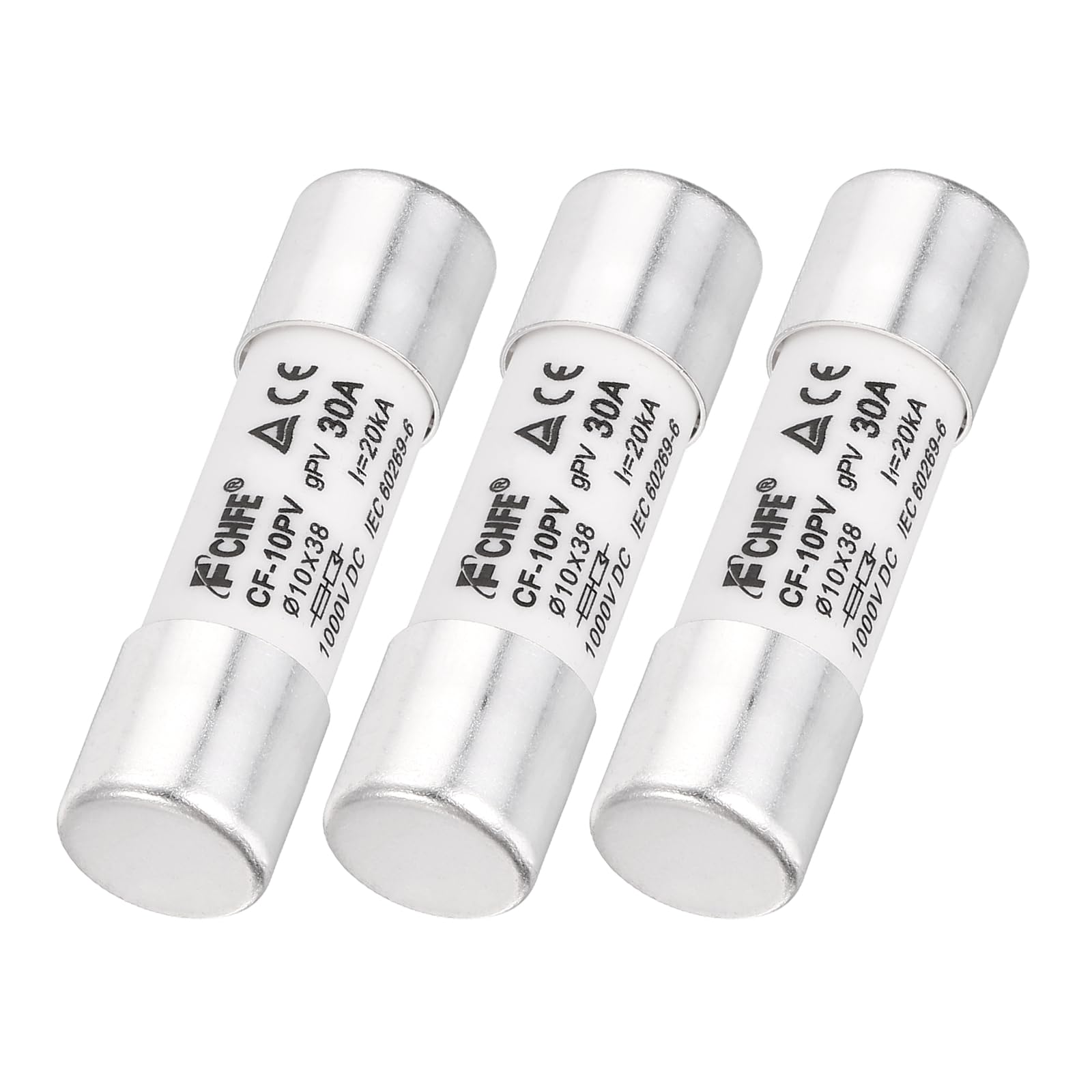 sourcing map 3Pcs 1000V 30A Ceramic Cartridge Fuses, 10x38mm Fast Blow Time Delay Fuse for Photovoltaic Solar Systems DIY Inverter Circuit Board