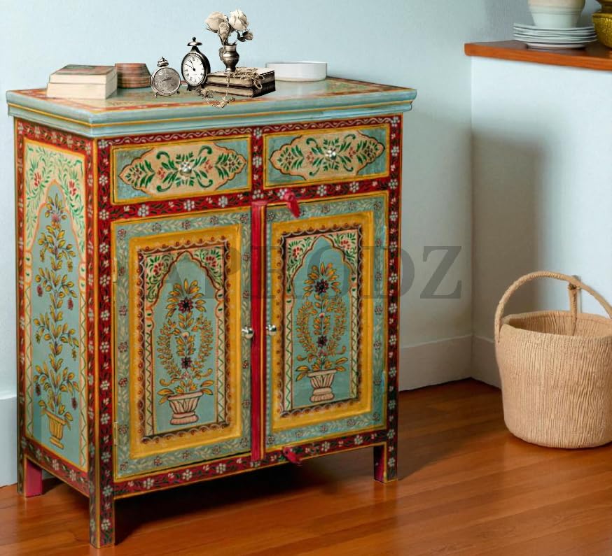 Image of APRODZ Wooden Handpainted Storage Cabinet with 2 Drawer & 2 Door (Multicolor)