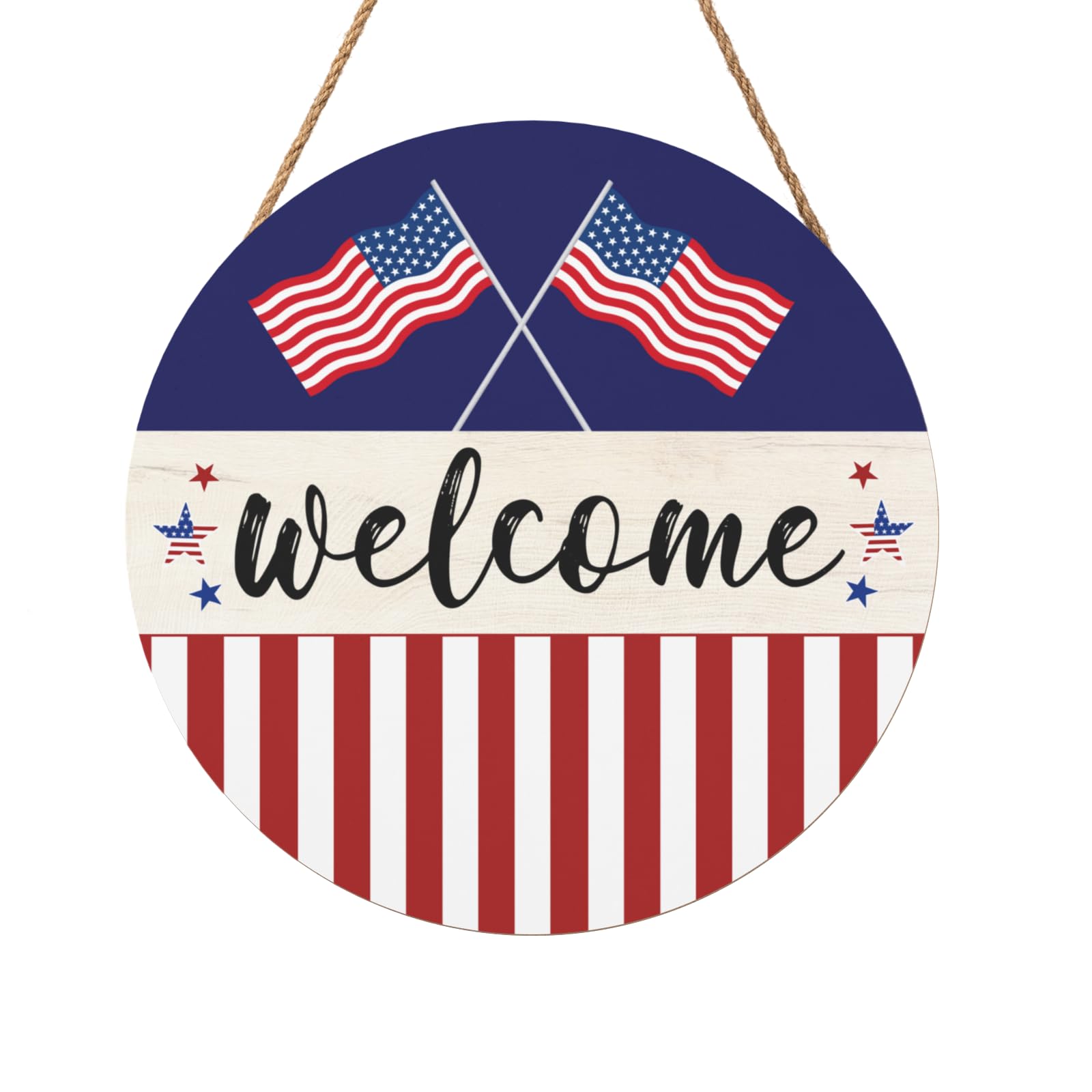 4th of July Patriotic Door Sign Independence Day Welcome Door Hanger American Memorial Day Hanging Porch Signs for Front Door Outdoor Wreath Decorations 12 Inch