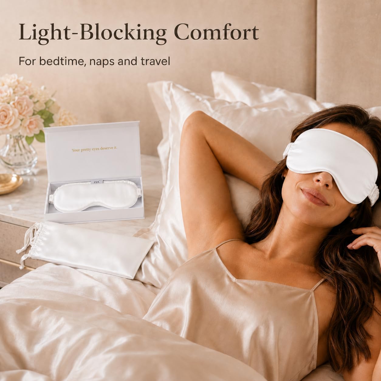 Silk Sleep Mask Light Blocking Luxury 100% Mulberry 19mm Silk Eye Mask Eye Cover Blindfold Ultra Soft Light & Comfy Anti Aging Skin Care with Travel Bag Gift Package